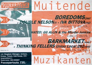 Doornroosje Nijmegen, poster, affiche Muitende Muzikanten, Boredoms, Double Nelson, Iva Bittova, Barkmarket, Thinking Fellers Union Local 282, 1993